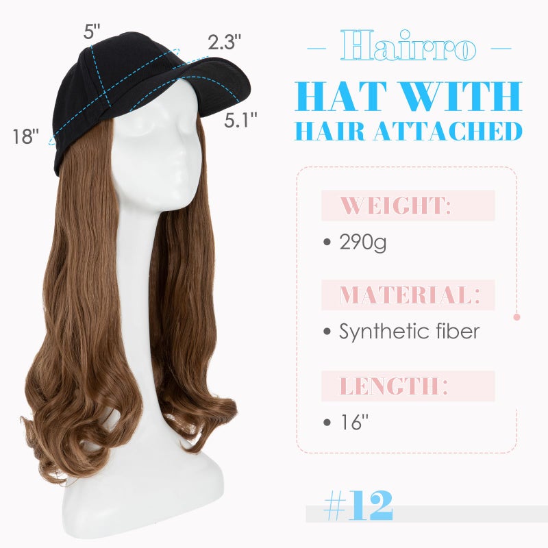 Hairro Baseball Cap with Adjustable Wave Hairpiece - Synthetic Wig Hat with Magic Paste - Natural Wig Hair for Women Girls #12 light brown - Image 2